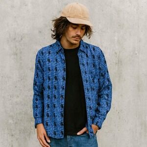 Vintage 80s 90s Rusty Surf Skate Shirt Blue Black Abstract Print Button Down S‎